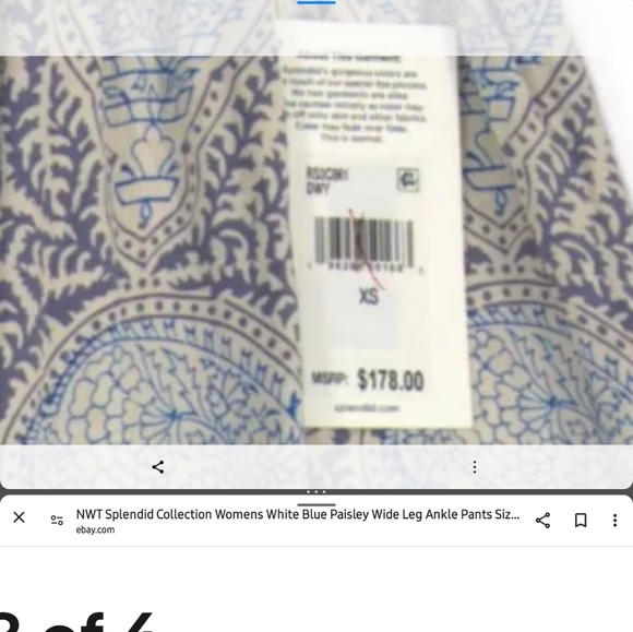 NWT: SPLENDID COLLECTION; WHITE & BLUE PAISLY, WIDE LEG PANT, SZ:XS. - Picture 8 of 8